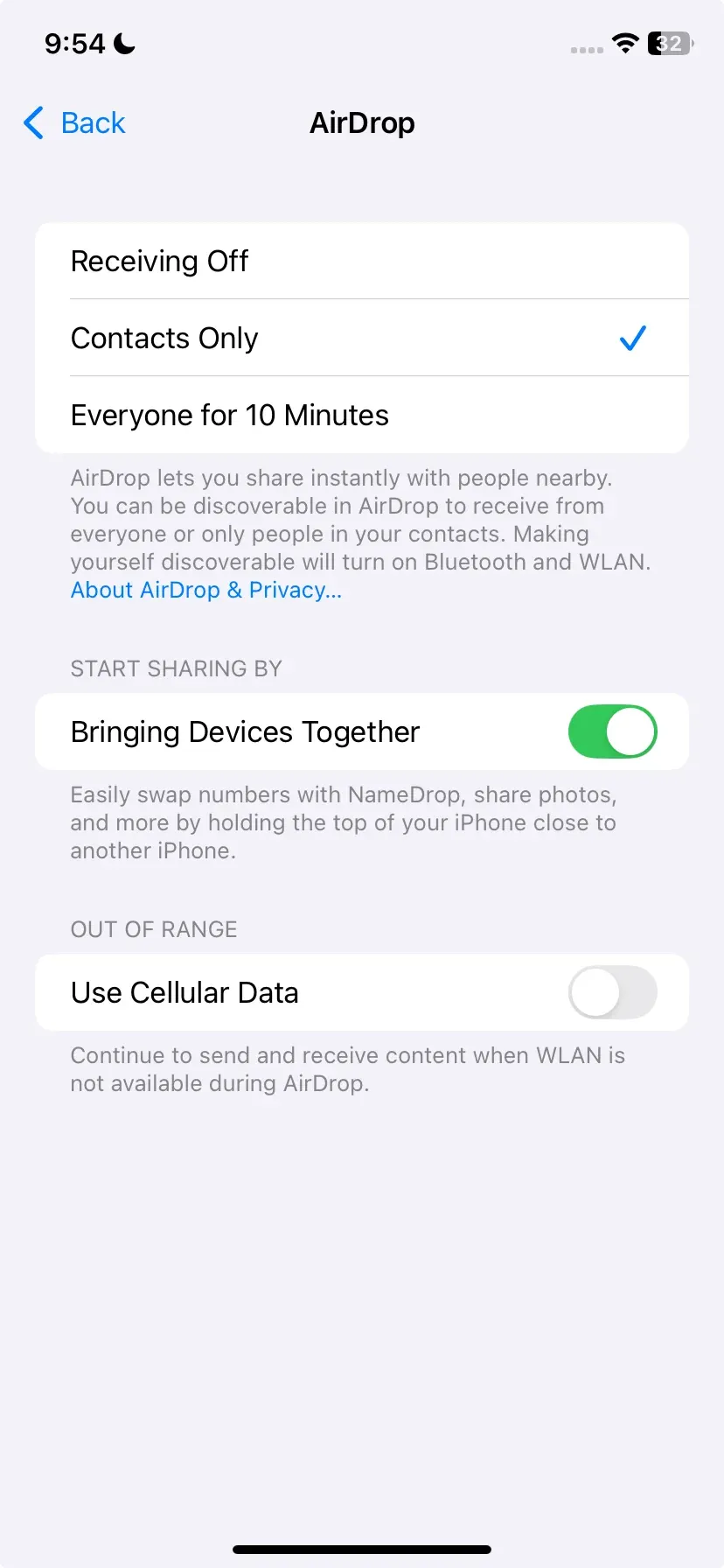AirDrop settings on iPhone