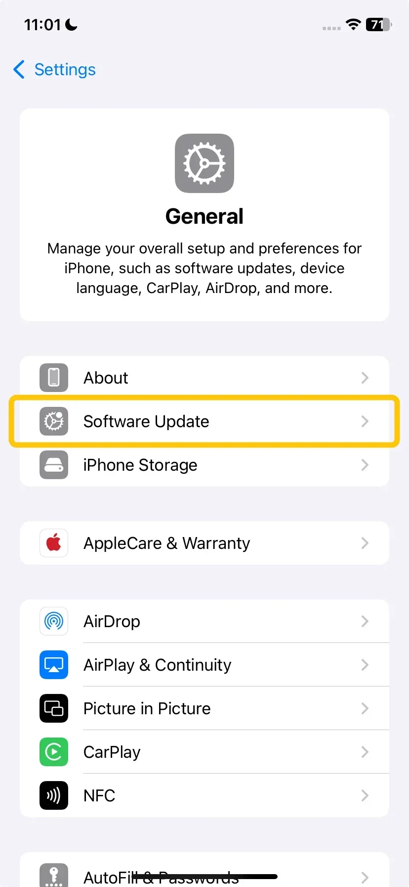 Software Update option on iPhone's Settings