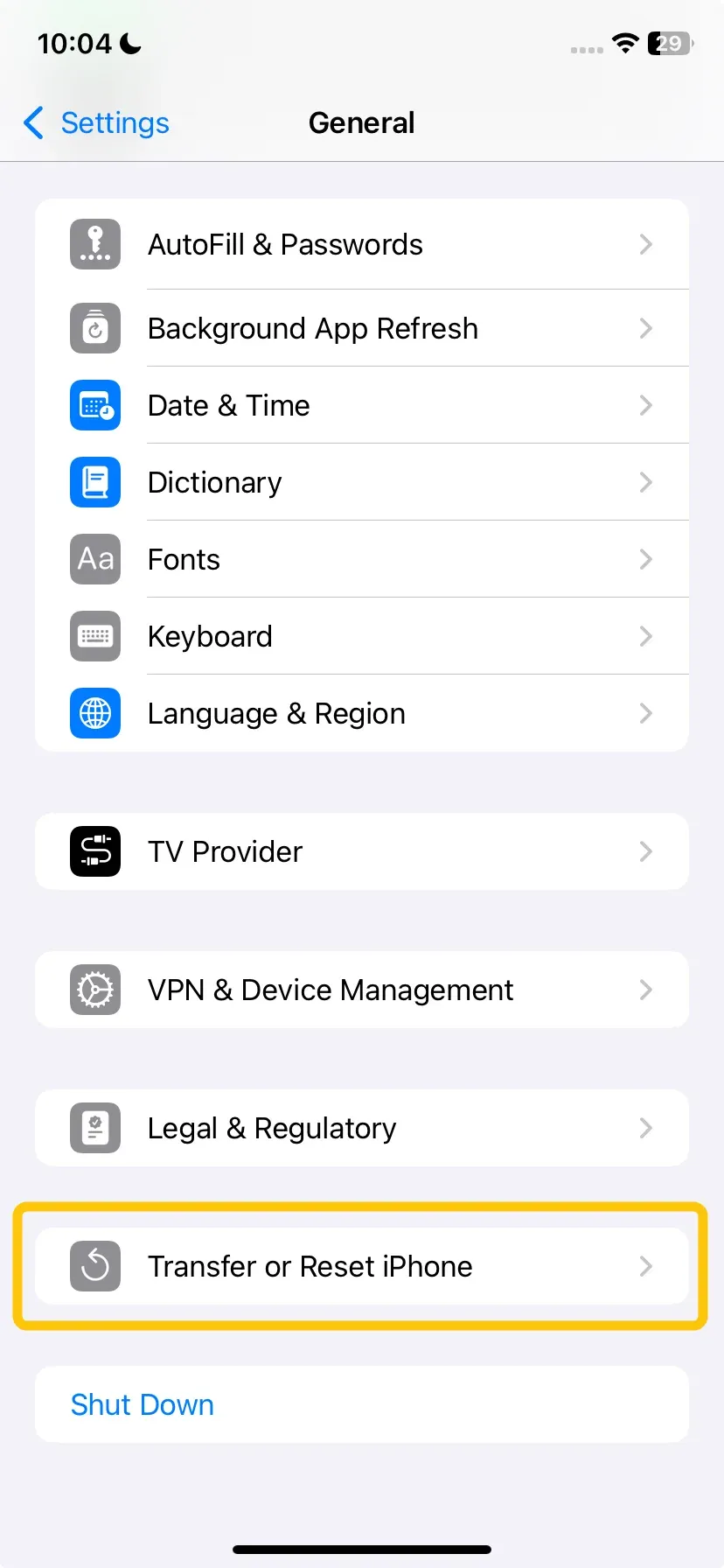 Transfer or Reset iPhone menu in iPhone's Settings