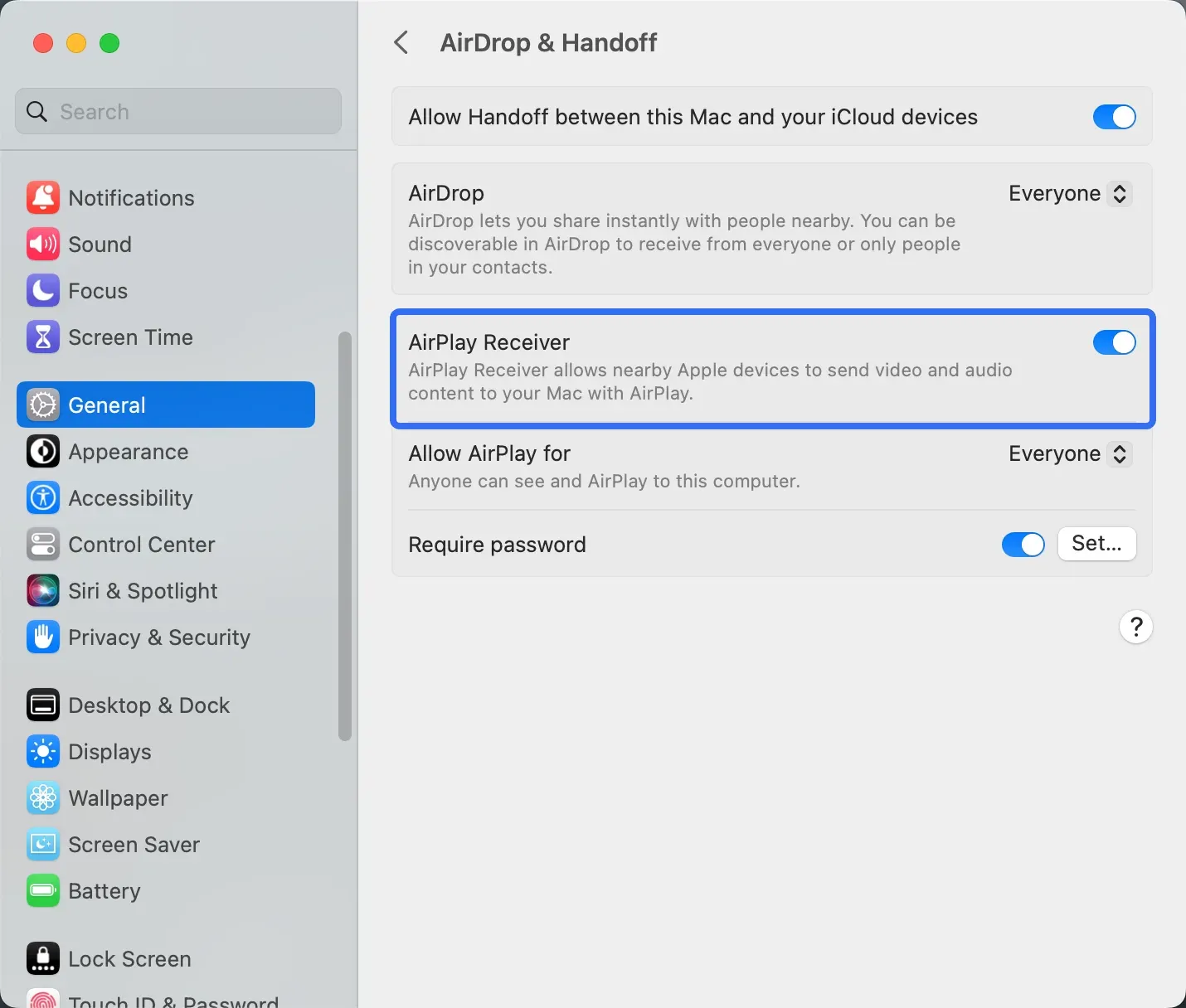 Turn on AirPlay Receiver in AirDrop and Handoff settings on macOS Ventura or later
