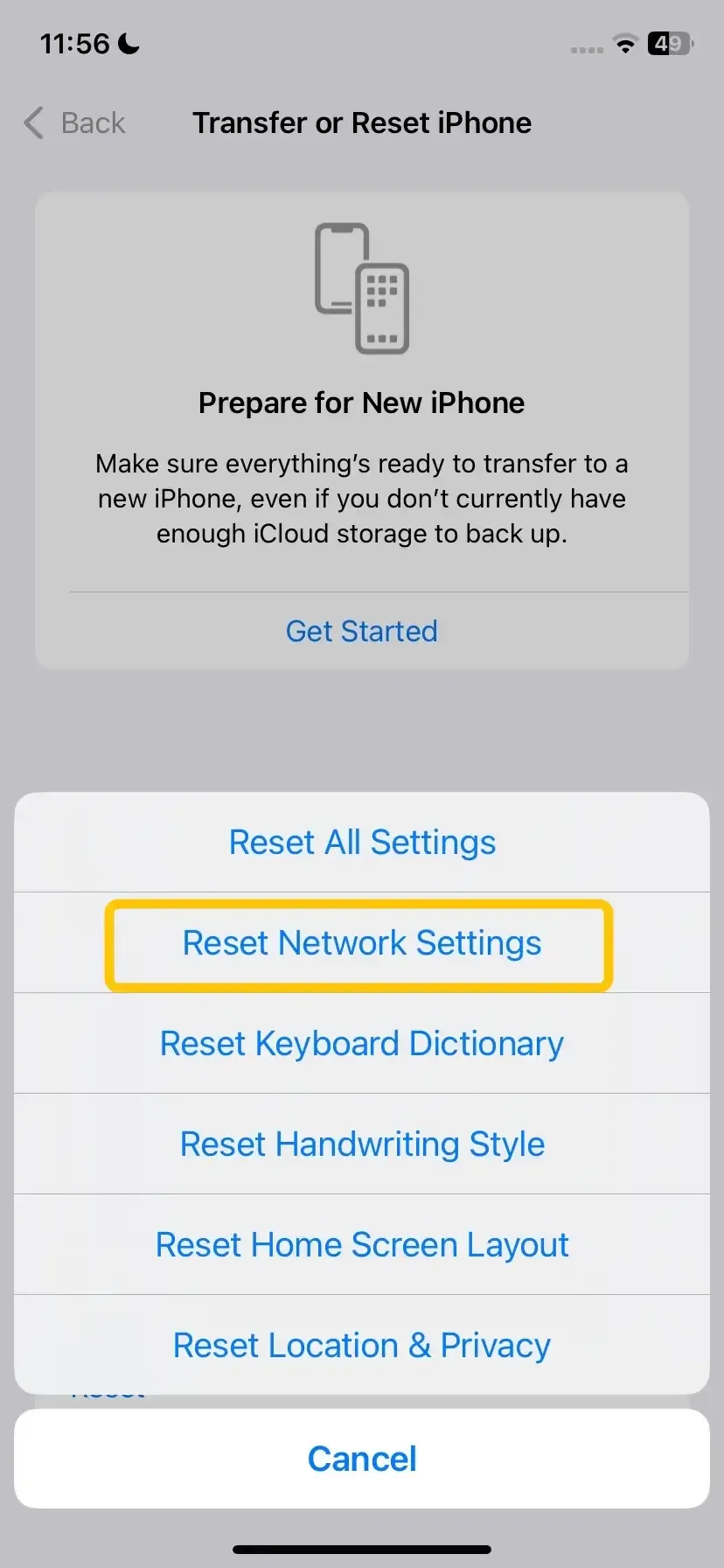 Reset network settings