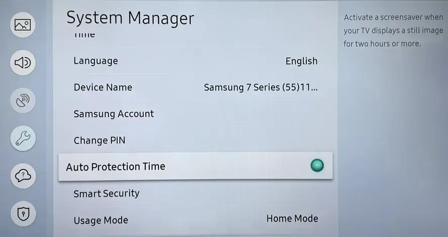 Auto Protection Time option on Samsung TV