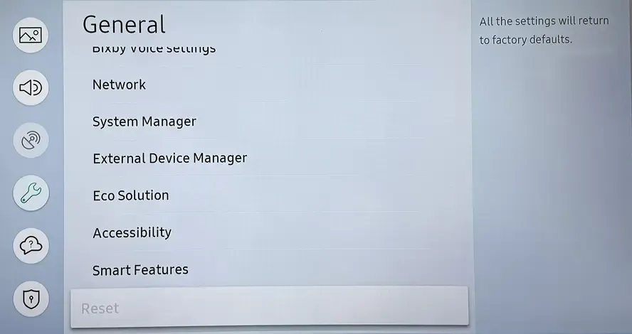 Reset option on Samsung TV