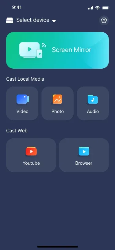 Benutzeroberfläche der Android Screen Mirroring-App