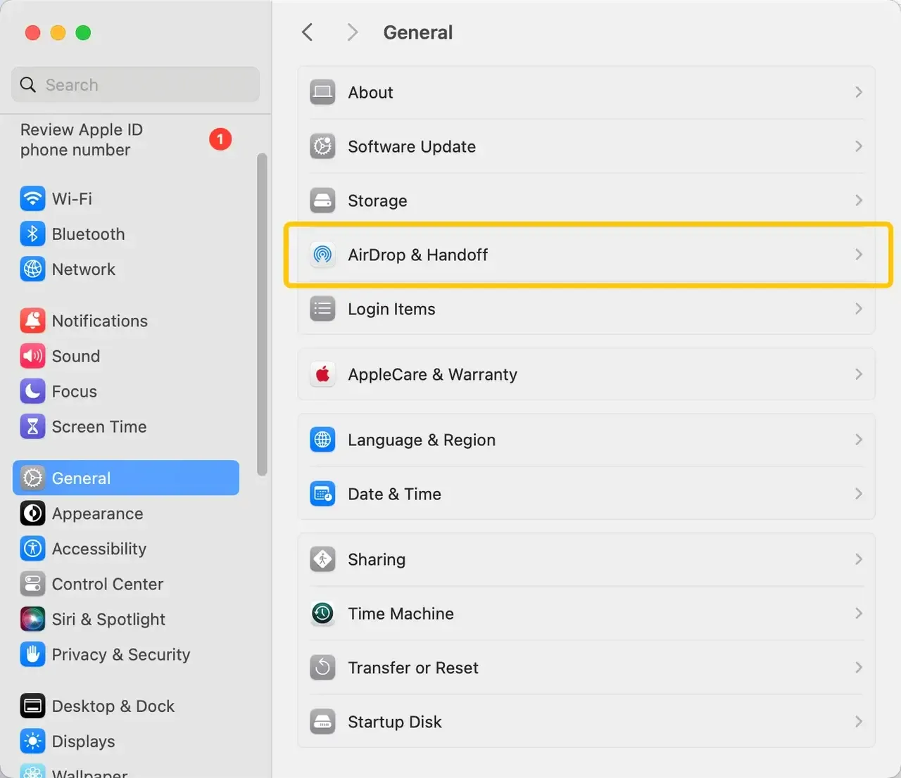 AirDrop & Handoff menu