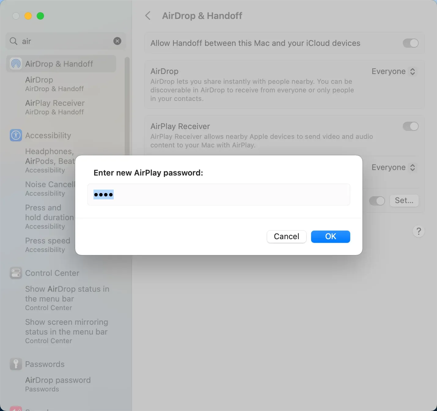 set AirPlay passcode on MacBook Air