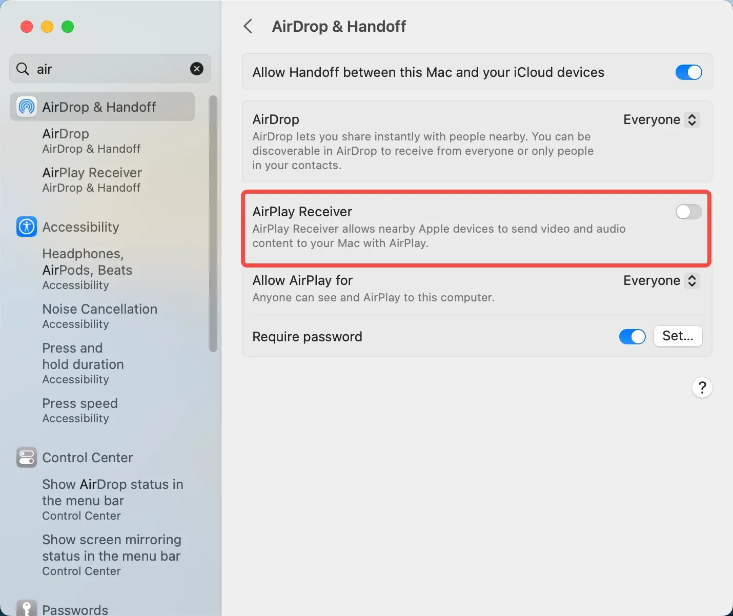 turn off AirPlay receiver on Mac