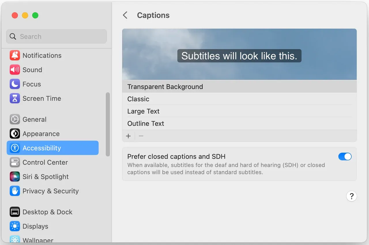 enable Prefer closed captions and SDH on Mac