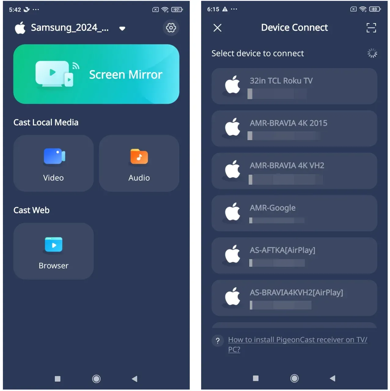how to use PigeonCast on iPhone for screen mirroring