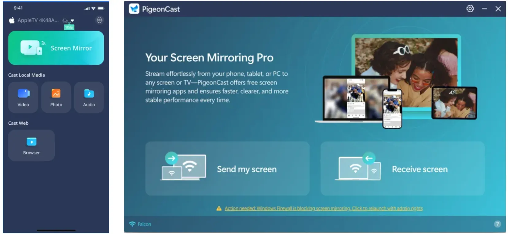 launch PigeonCast on phone and laptop