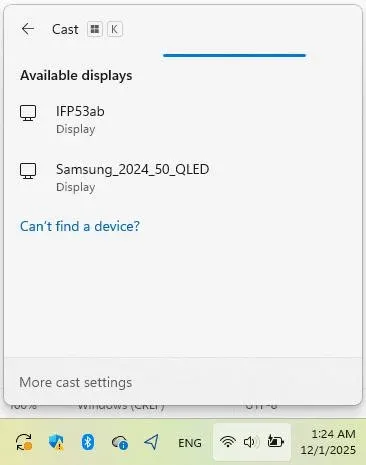 Cast menu on Windows laptop
