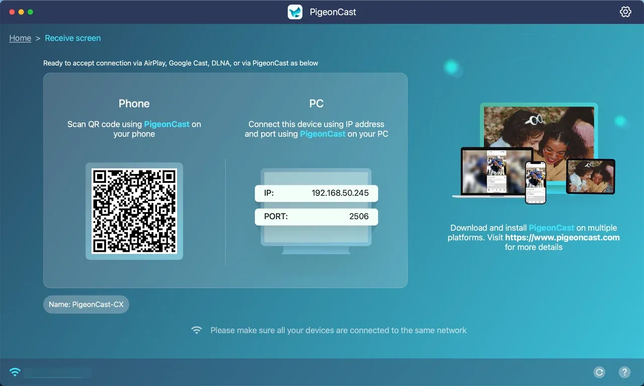 PigeonCast receiver on MacBook