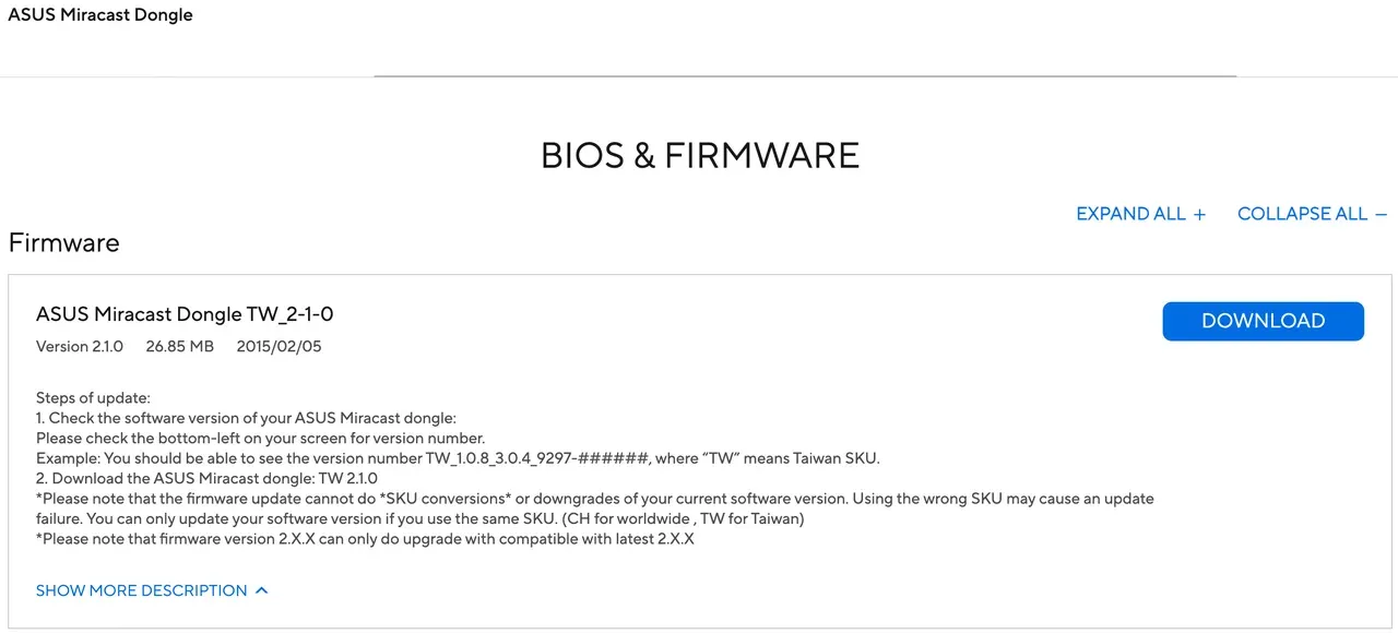 the latest update history about Asus Miracast Dongle
