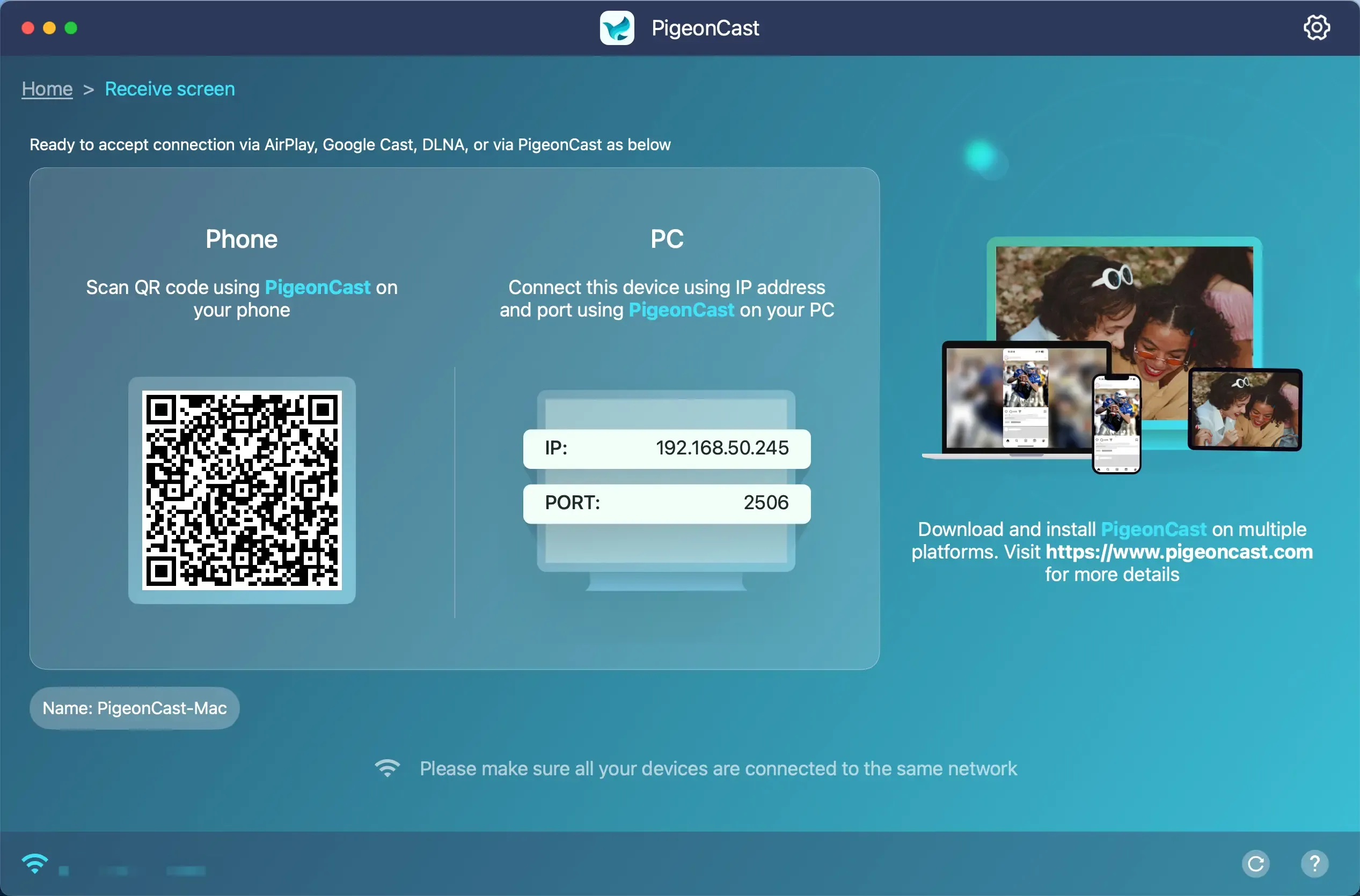 turn MacBook into a mirroring receiver via PigeonCast