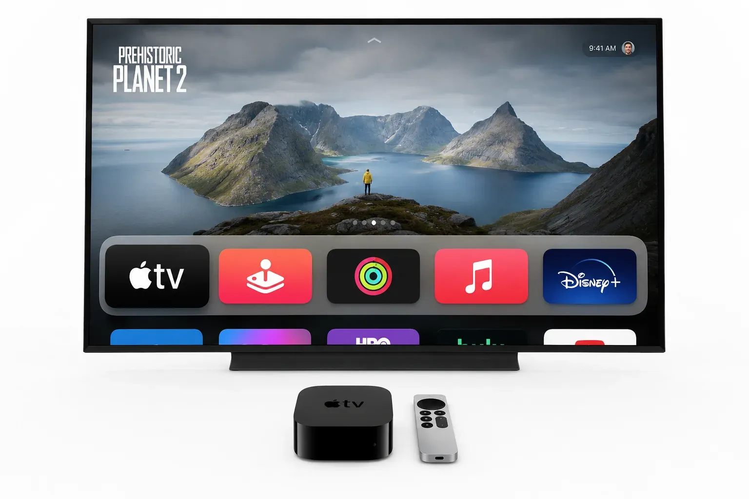 Apple TV 4K home screen showing streaming apps and AirPlay support