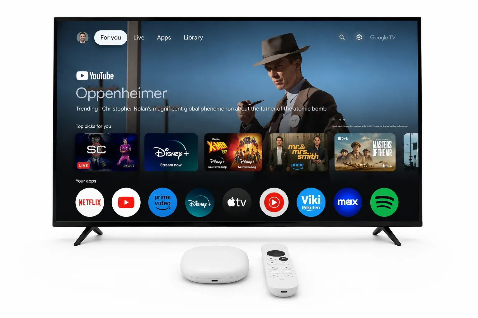 Google TV interface with live TV and streaming app recommendations