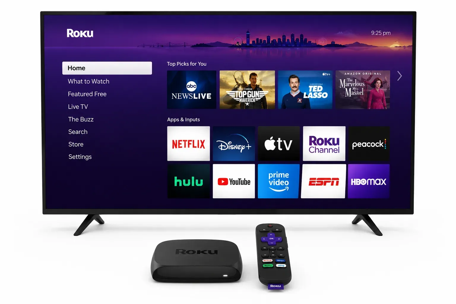 Roku streaming device interface displaying popular streaming services
