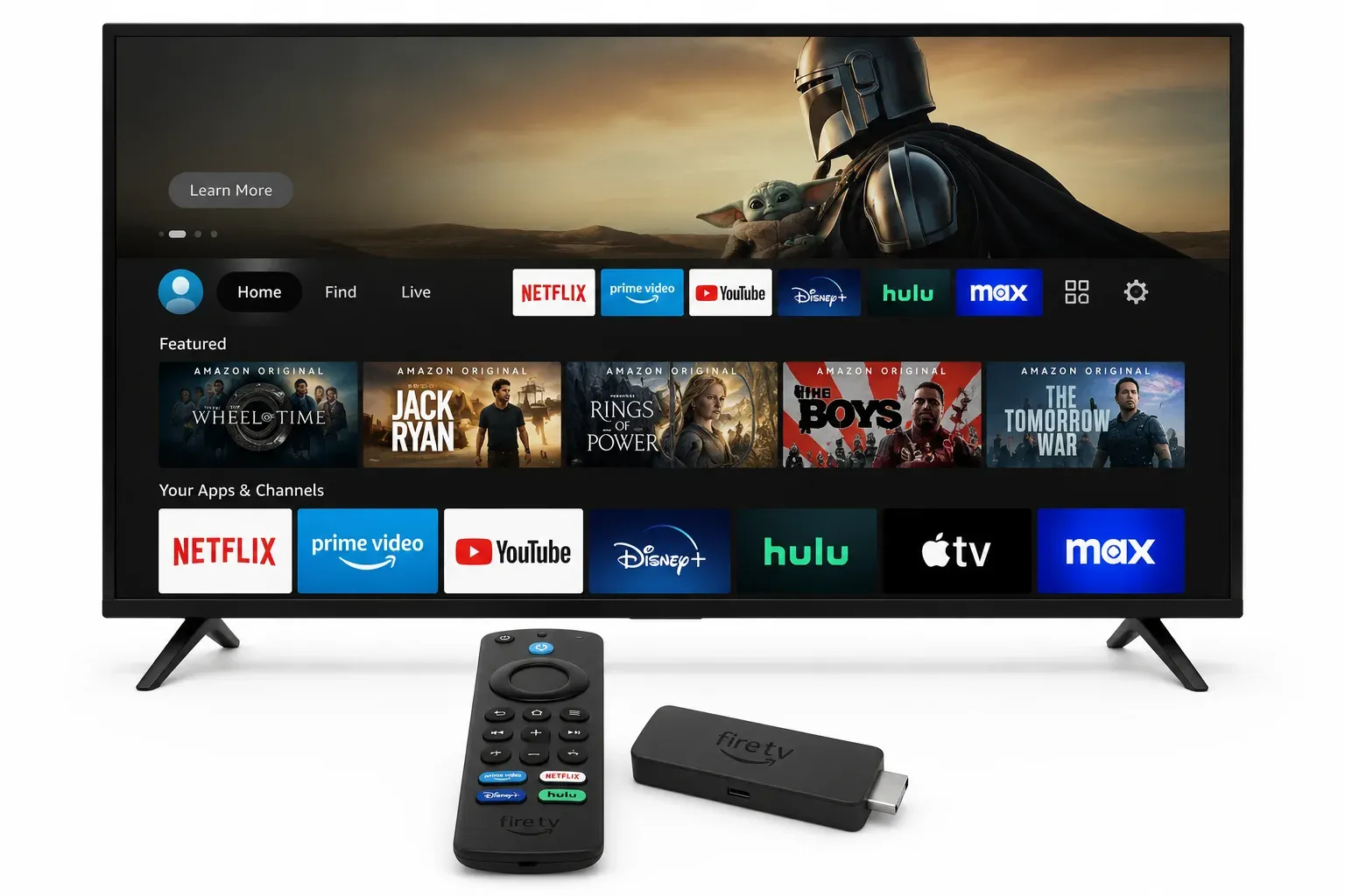 Amazon Fire TV Stick 4K home screen with streaming app shortcuts
