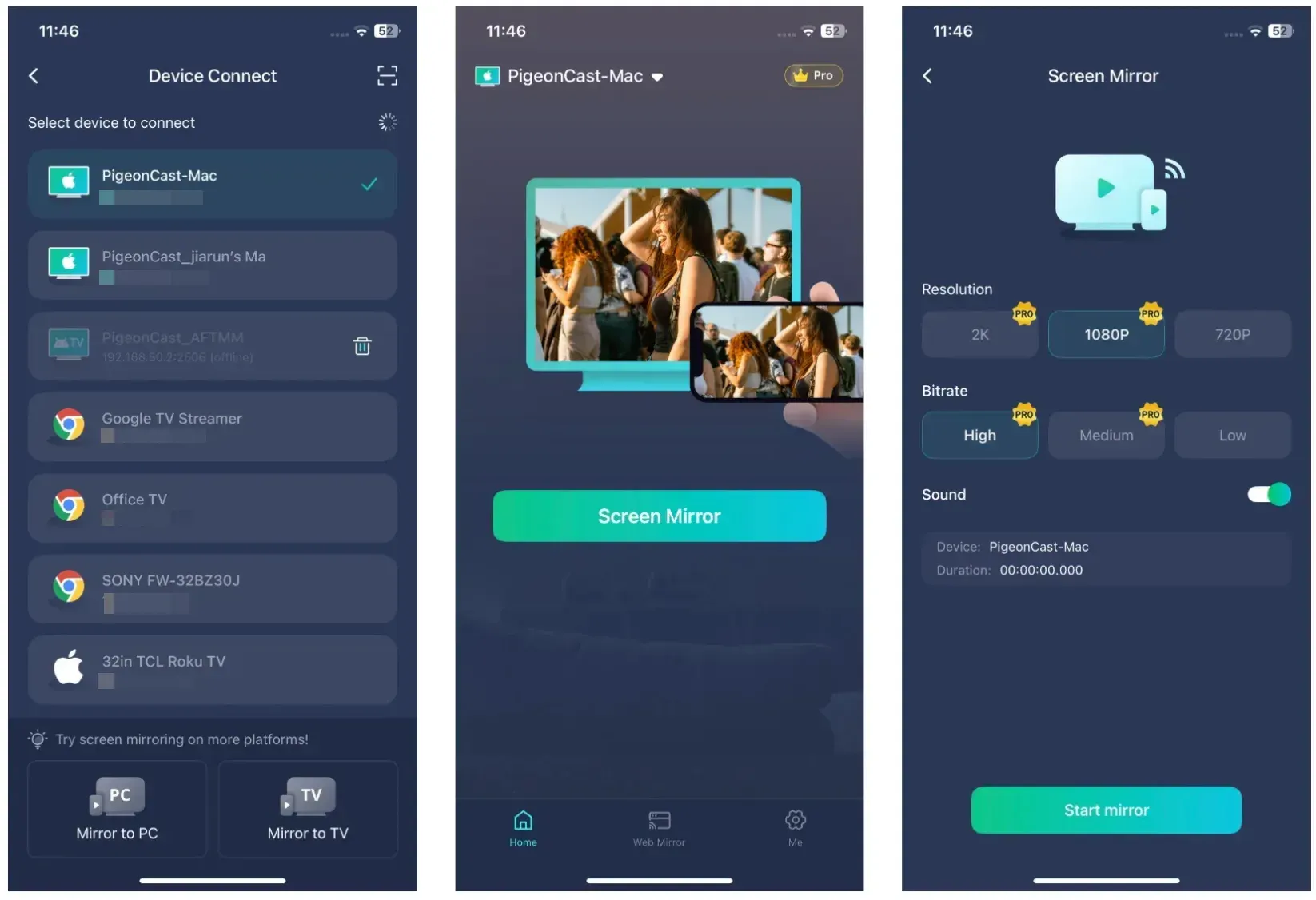 how to start screen mirroring with PigeonCast