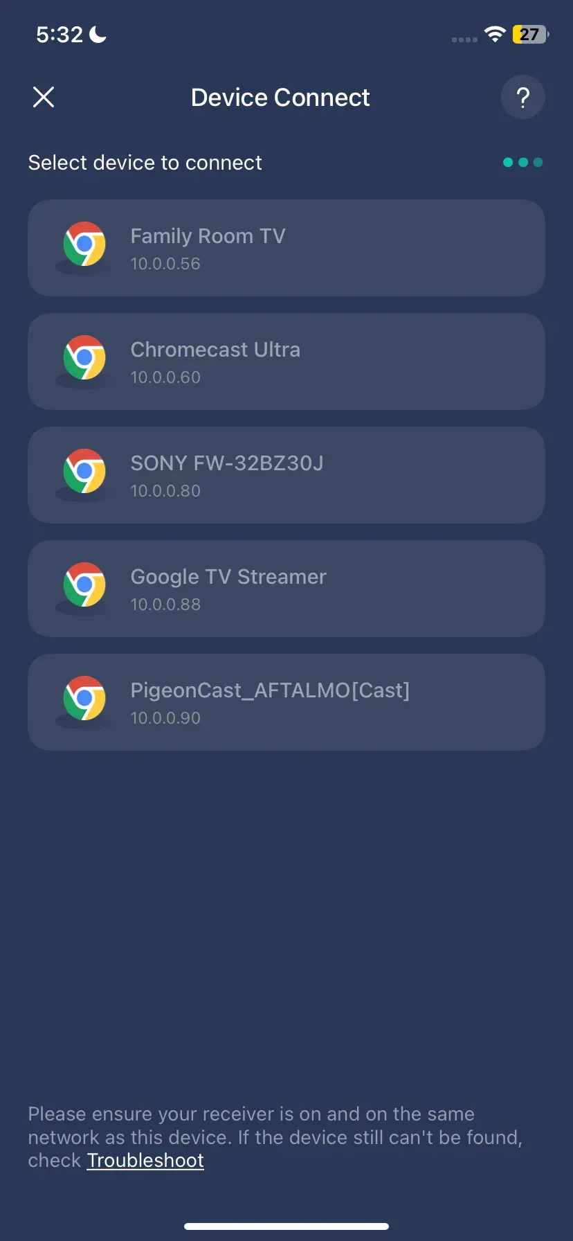 device list on PigeonCast