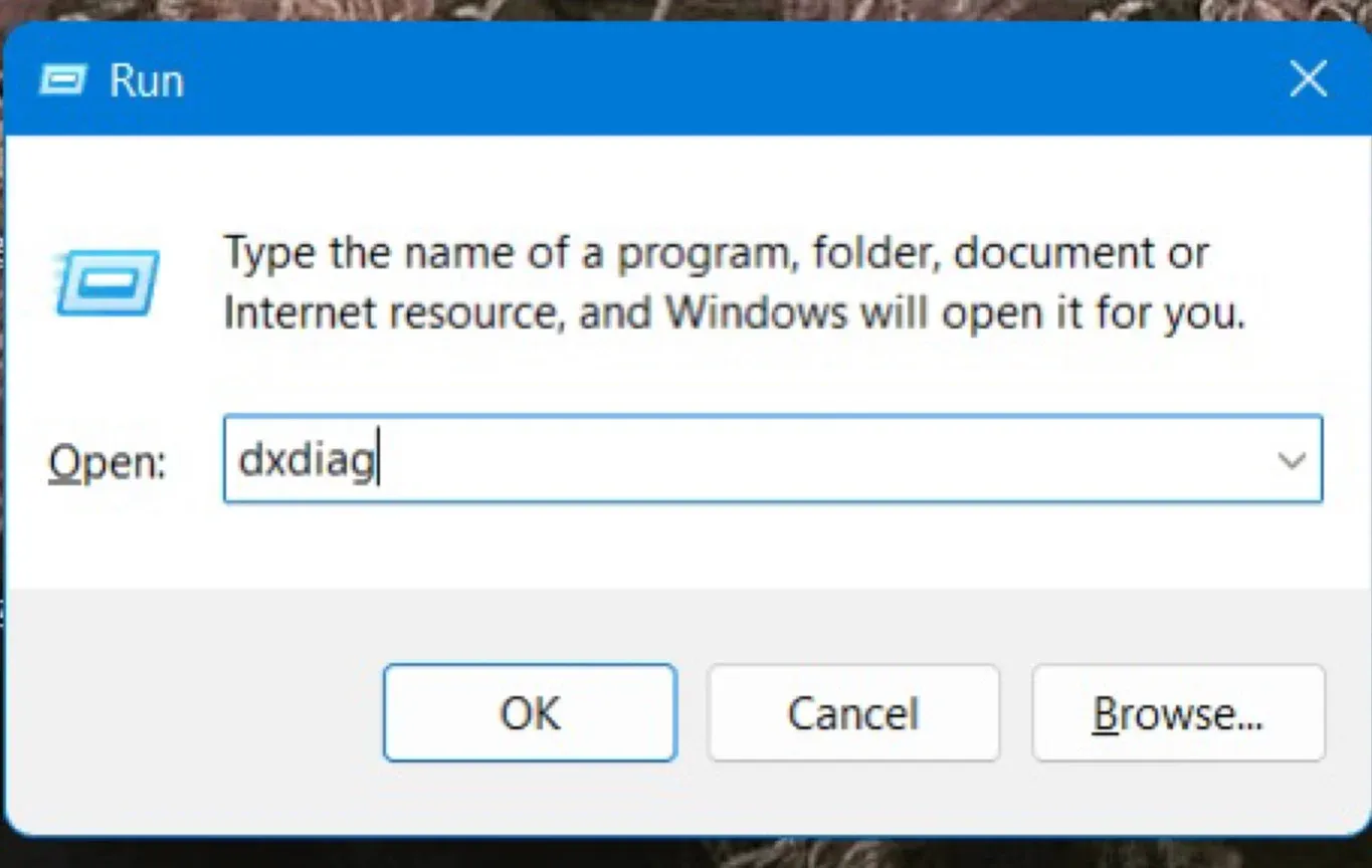 Dxdiag in the Windows + R menu