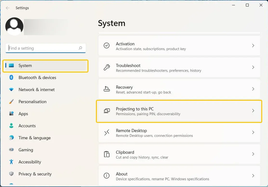 Projecting to this PC in System