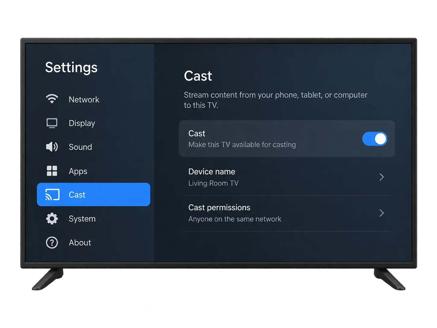 find Cast option in the TV's settings menu
