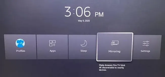 Fire TV screen mirroring menu