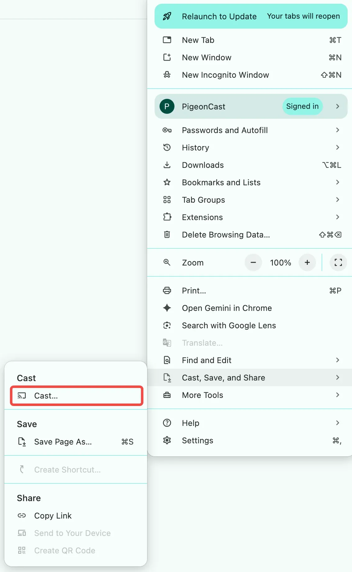 choose Cast from the Chrome's menu