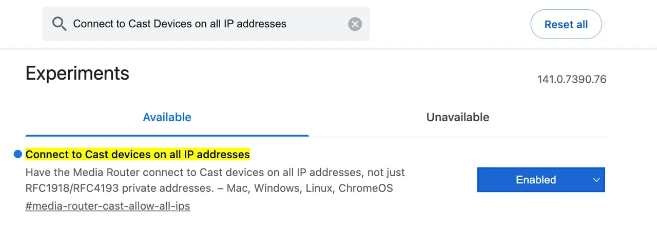 enable Connect to Cast Devices on all IP addresses