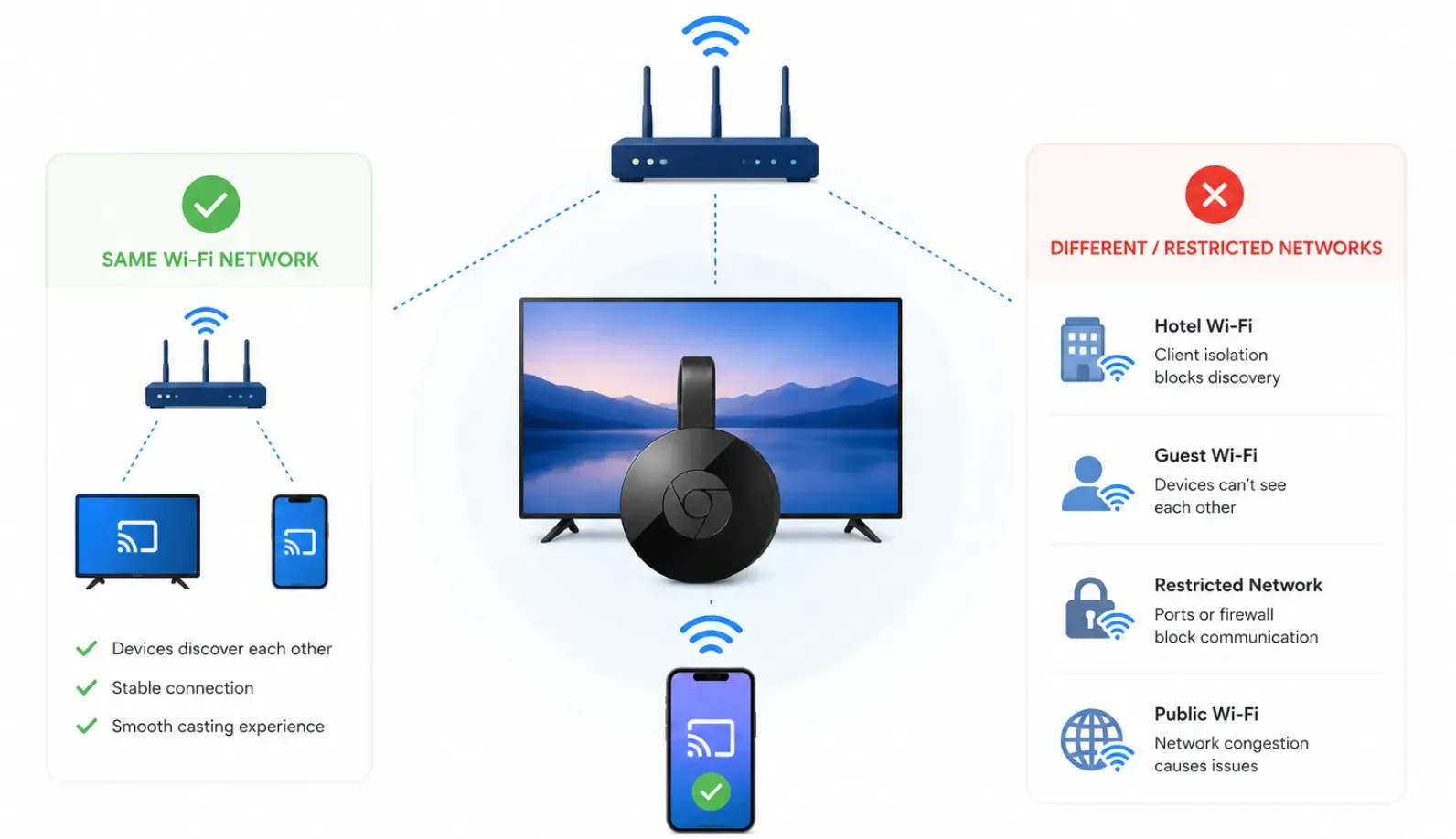 Chromecast works over Wi-Fi network