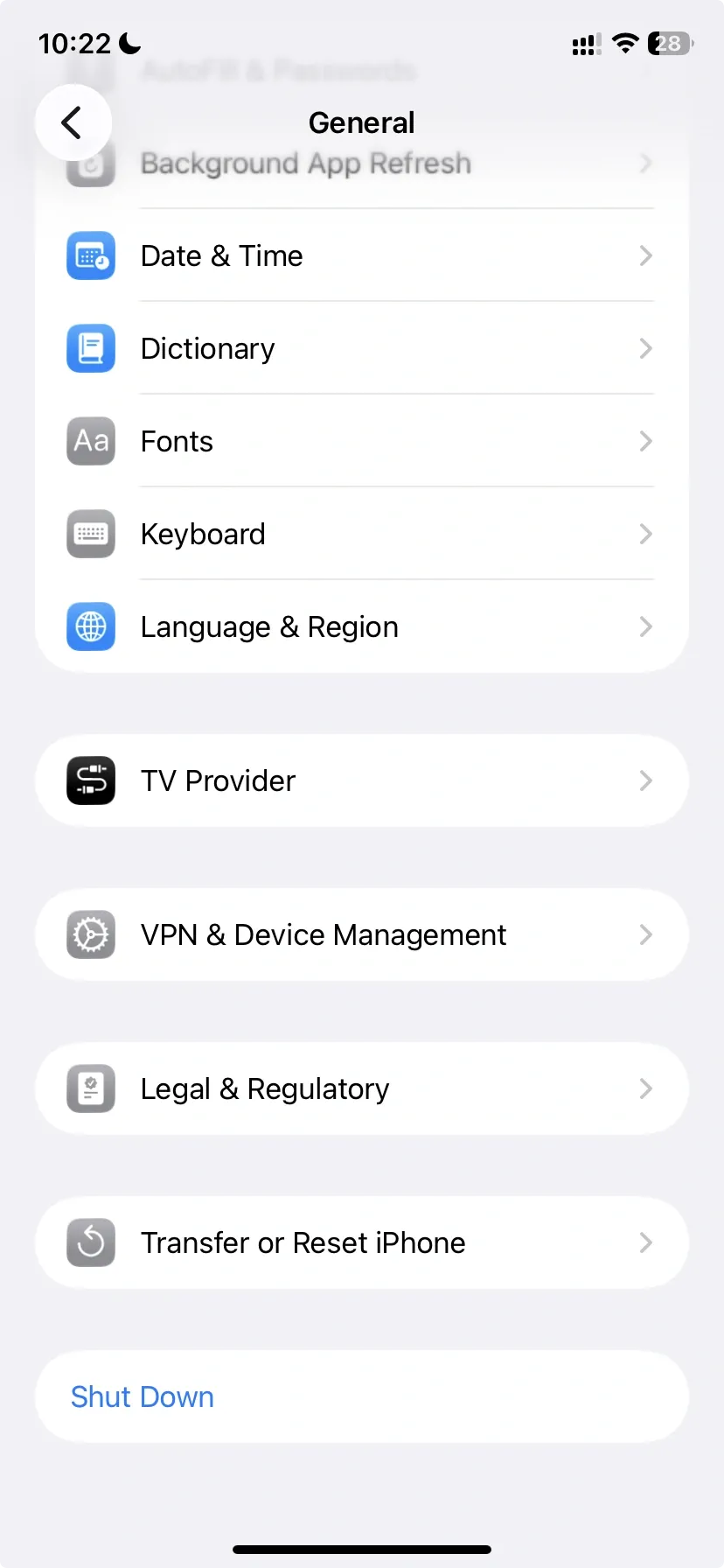 Shut Down option on iPhone