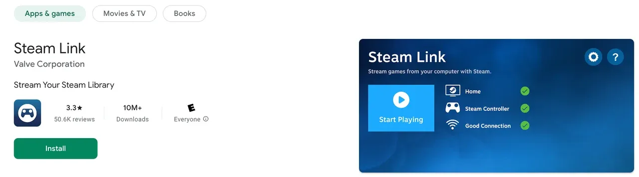 find Steam Link in the Google Play Store