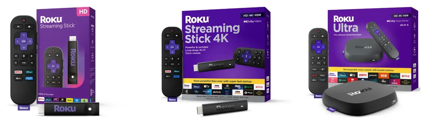 Roku Streaming Stick, Roku Streaming Stick 4K, and Roku Ultra