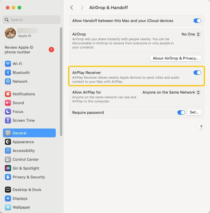 AirPlay Receiver option on Mac