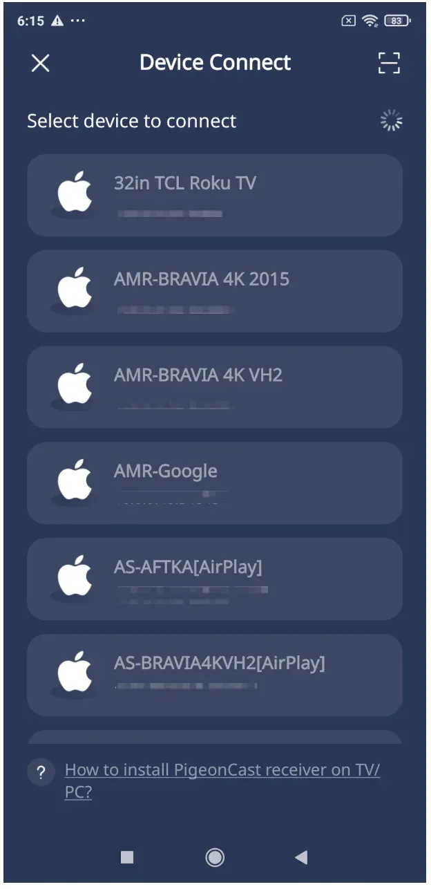 device list on PigeonCast app