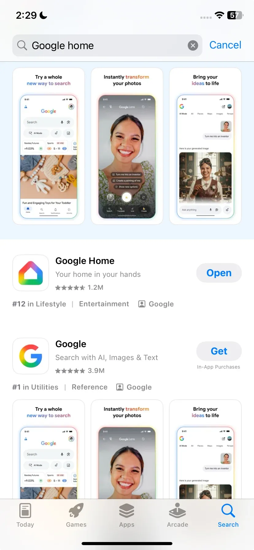 find Google Home app in the App Store