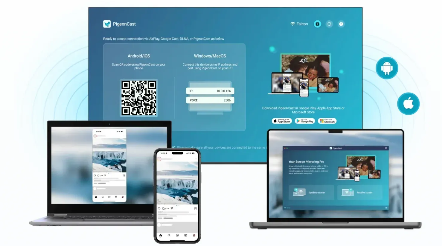 PigeonCast supports cross-platform screen mirroring