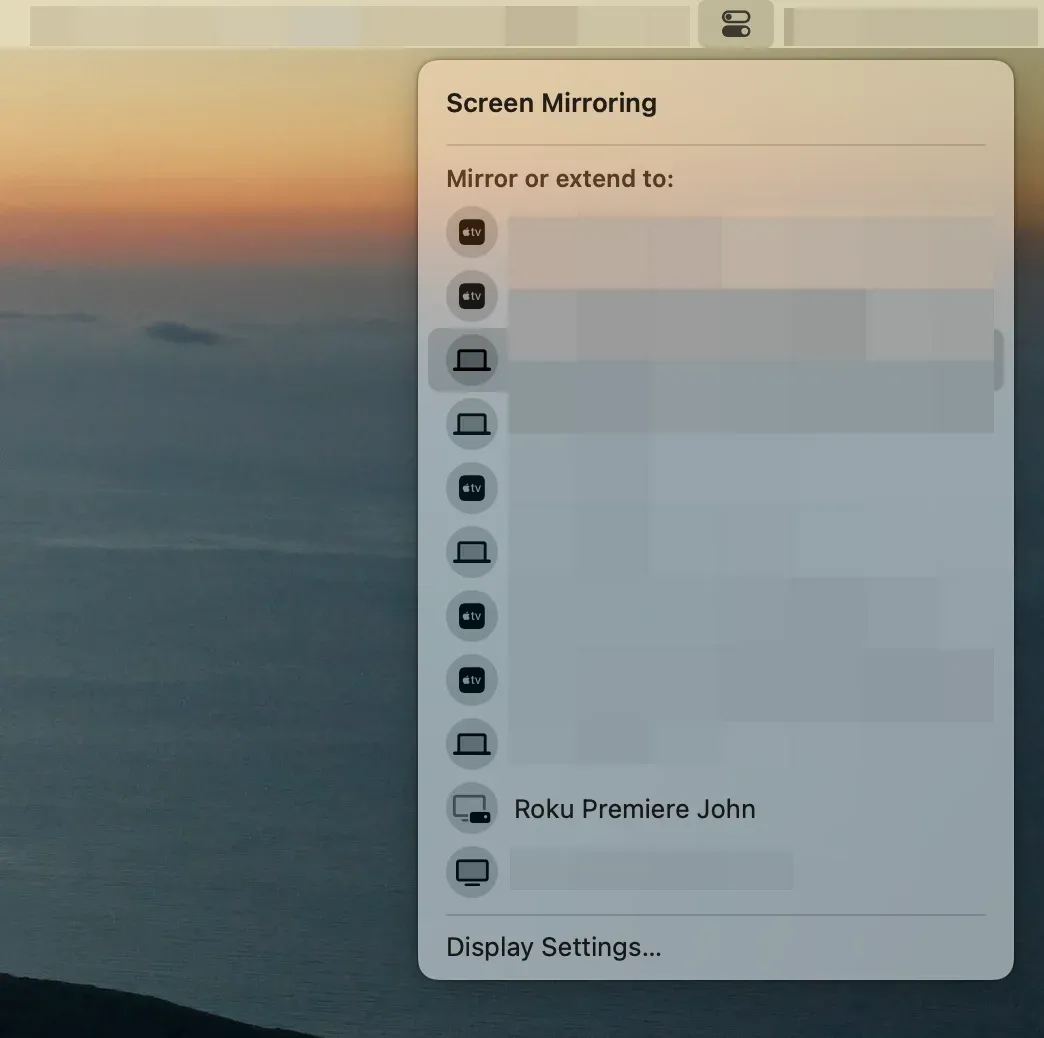 find Roku device in Mac screen mirroring menu