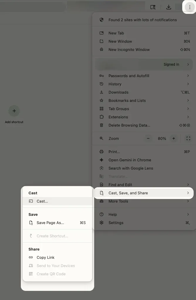 Cast, save, and share option in Chrome browser