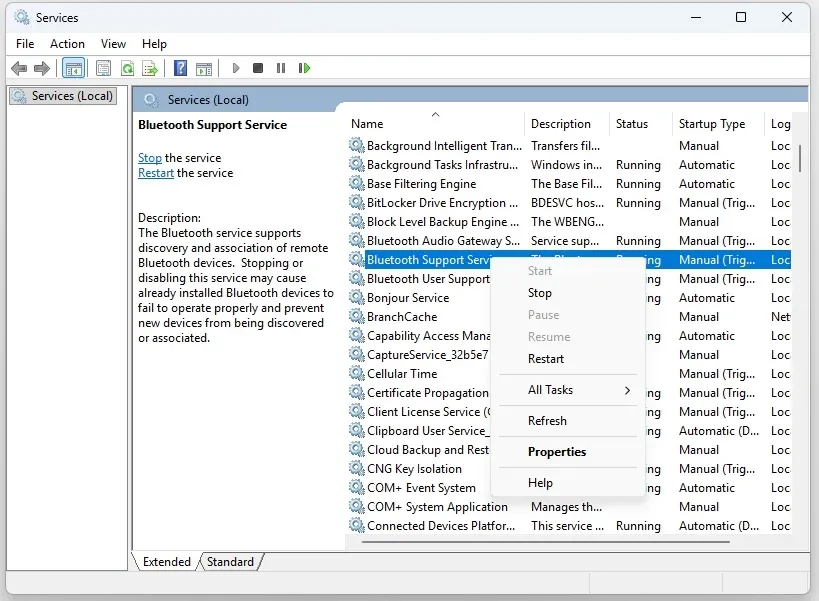 restart Bluetooth Support Service