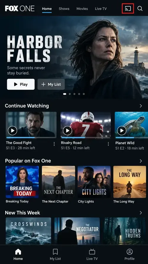 find the Cast icon in Fox One app