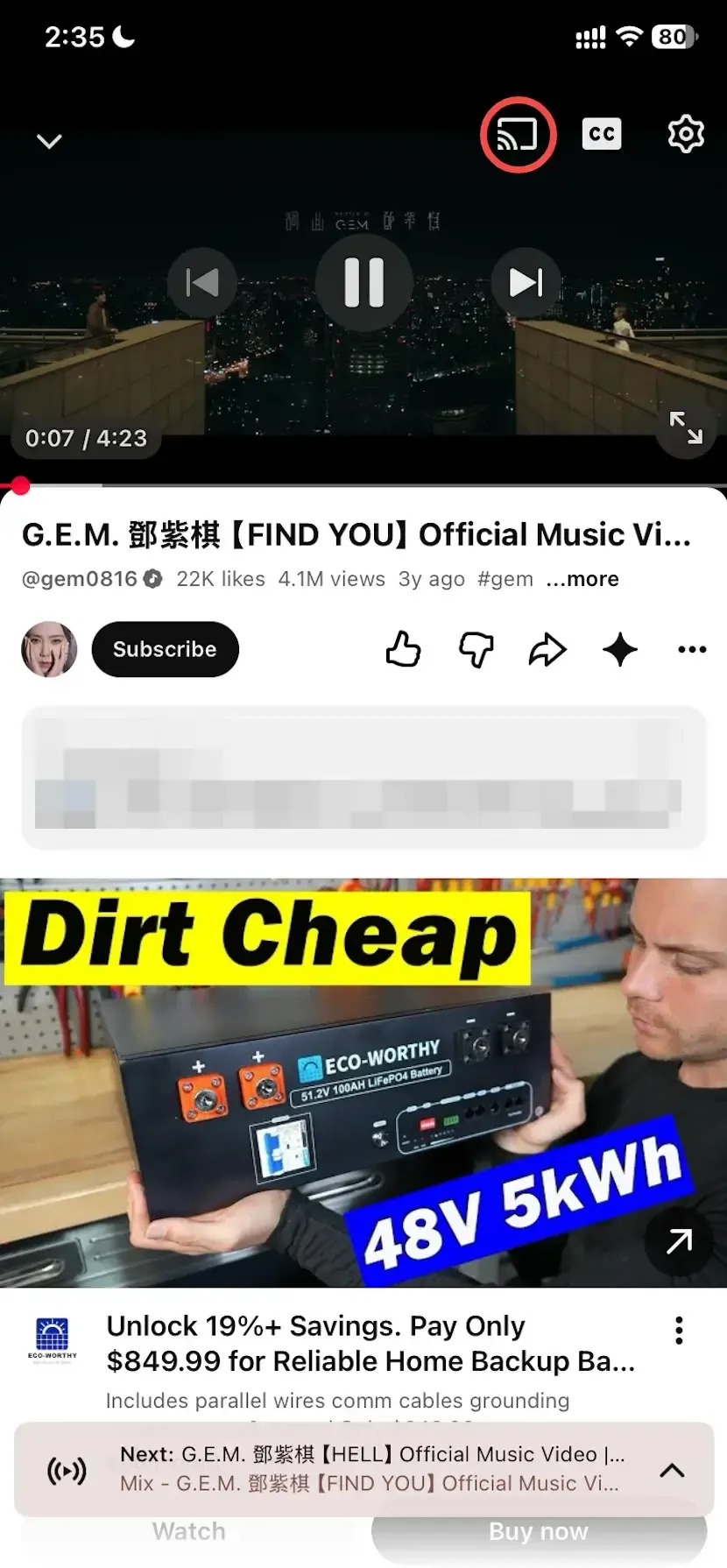 find the Cast button in YouTube app