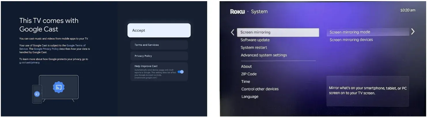 Casting features on Google TV and Roku TV