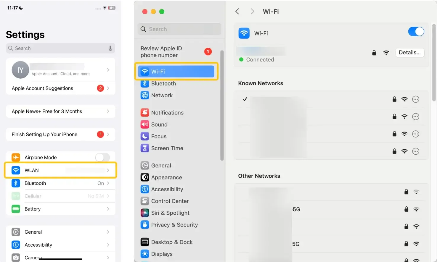 WLAN/Wi-Fi menu on Apple devices