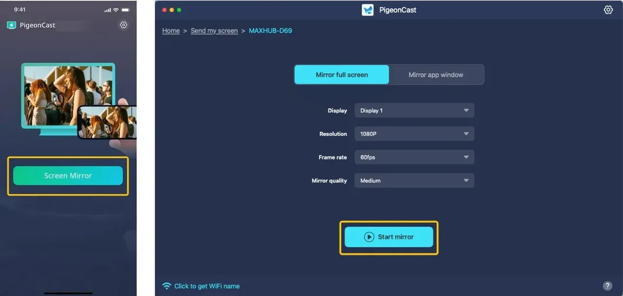 Screen mirror and Start mirror in PigeonCast