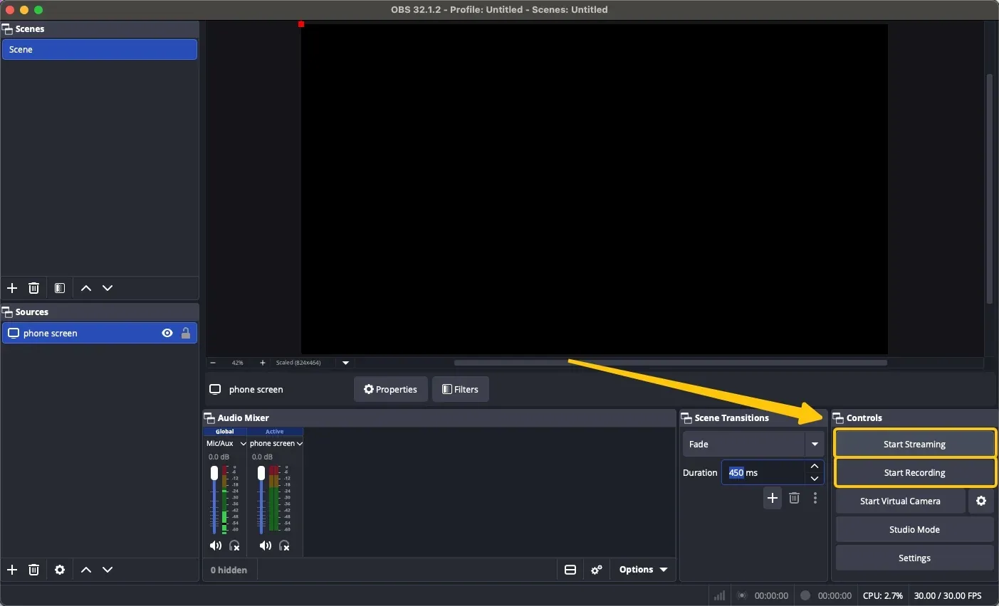 Start Recording or Start Streaming option in OBS