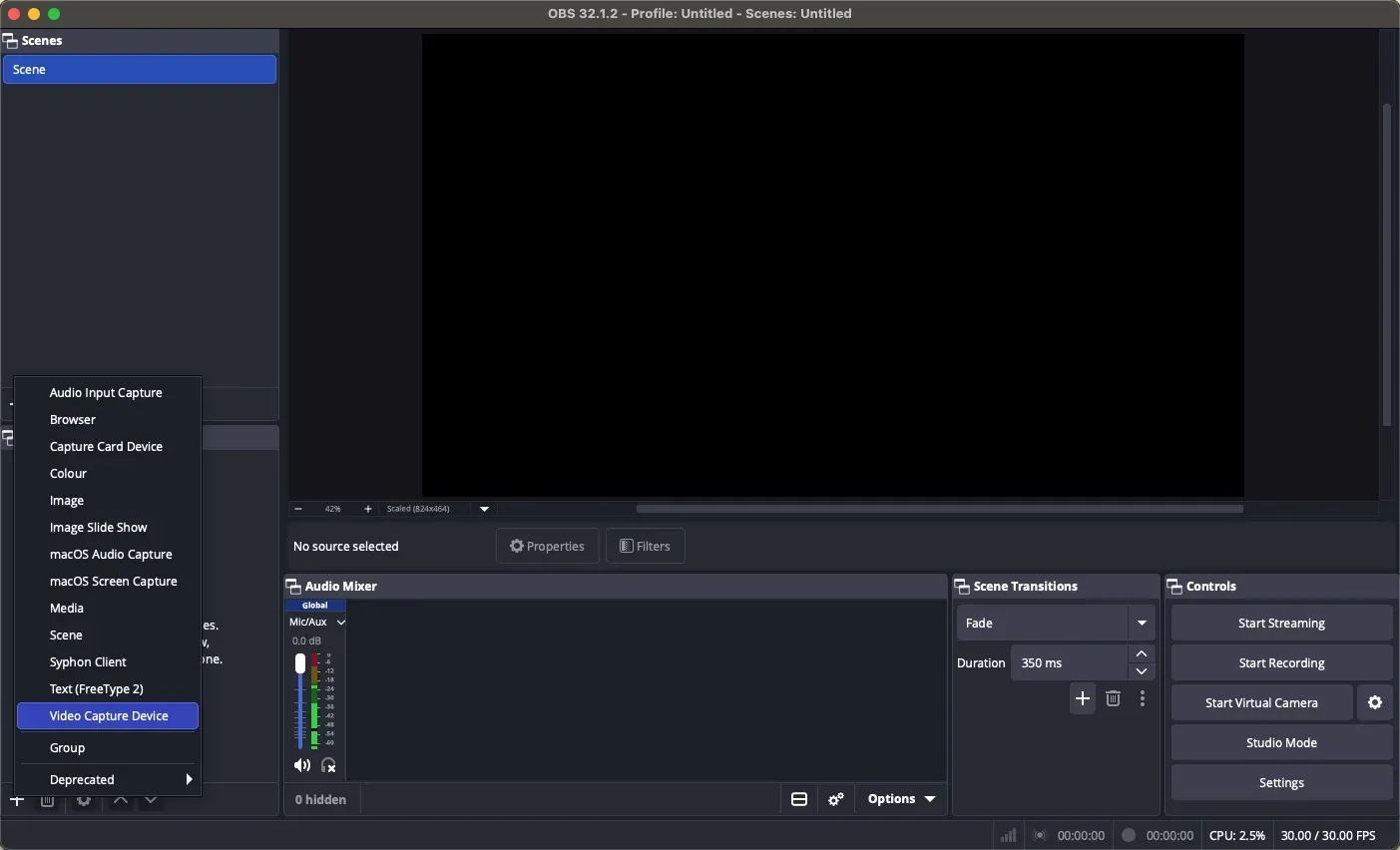 Video Capture Device option in the Sources