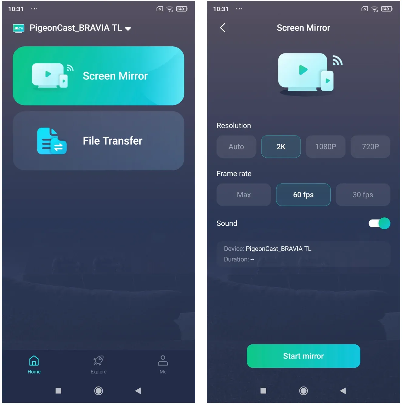 start screen mirroring on Android phone via PigeonCast