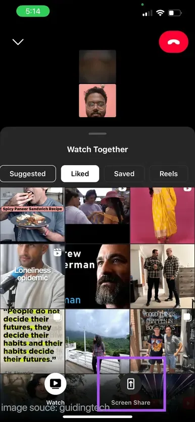 Share screen option in Instagram